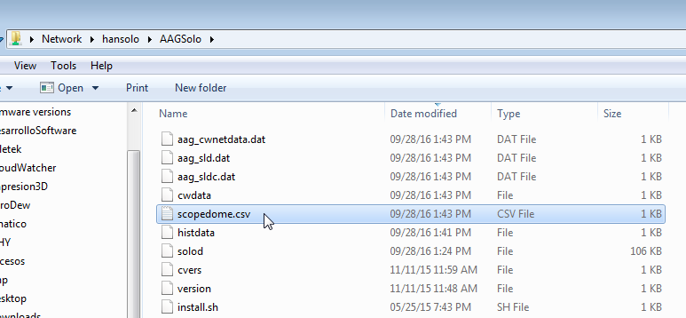 AAGSolo network folder listing with scopedome.csv selected