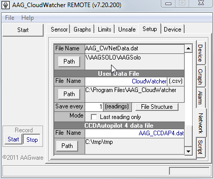 AAG_CloudWatcher REMOTE software, Setup tab, showing the network path to AAG_CWNetData.dat on AAGSOLO