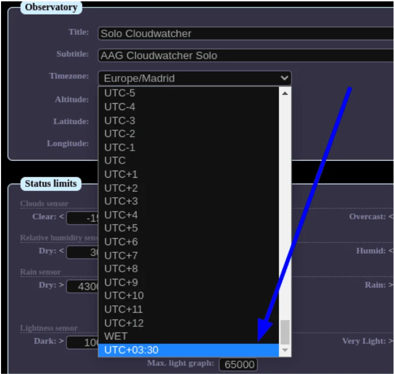 SOLO configuration page — fixed UTC offset applied