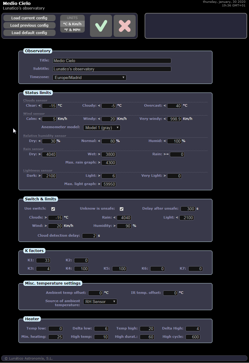 SOLO configuration page: observatory title, status limits, switch and limits, K factors, temperature offsets and heater settings
