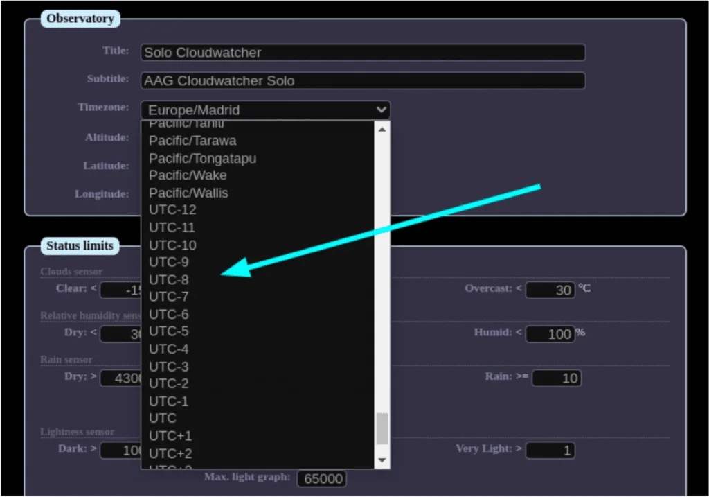 SOLO configuration page — time zone settings