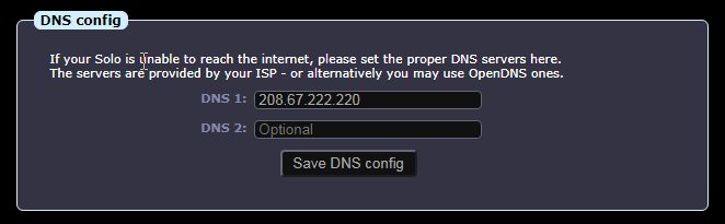DNS config fields, with the suggested 208.67.222.220 server
