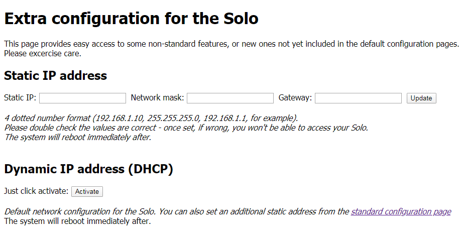 Extra configuration for the SOLO: static IP address fields, and a button to activate dynamic IP (DHCP)