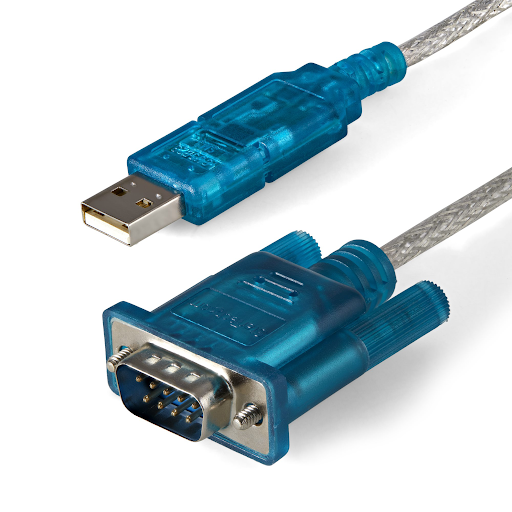Serial-to-USB adapter cable, USB plug on one end and DB9 serial connector on the other