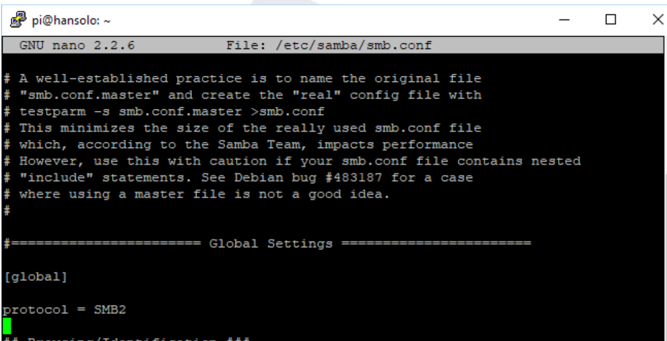 nano editor open on /etc/samba/smb.conf, with protocol = SMB2 added under the [global] section