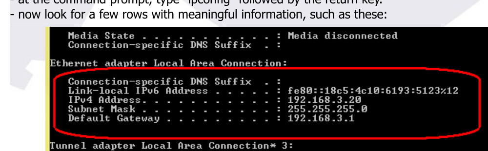 ipconfig output circled in red: Link-local IPv6 Address, IPv4 Address 192.168.3.20, Subnet Mask 255.255.255.0, Default Gateway 192.168.3.1