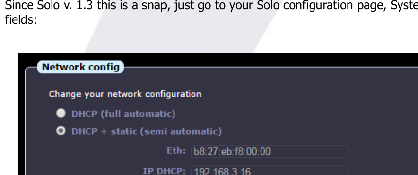 SOLO Network config: DHCP + static (semi automatic) selected, with Eth, IP DHCP and IP static fields filled in