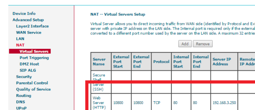 Router NAT Virtual Servers Setup, with a Web Server (HTTP) rule: external port 10800, protocol TCP, internal port 80, server IP address 192.168.3.250