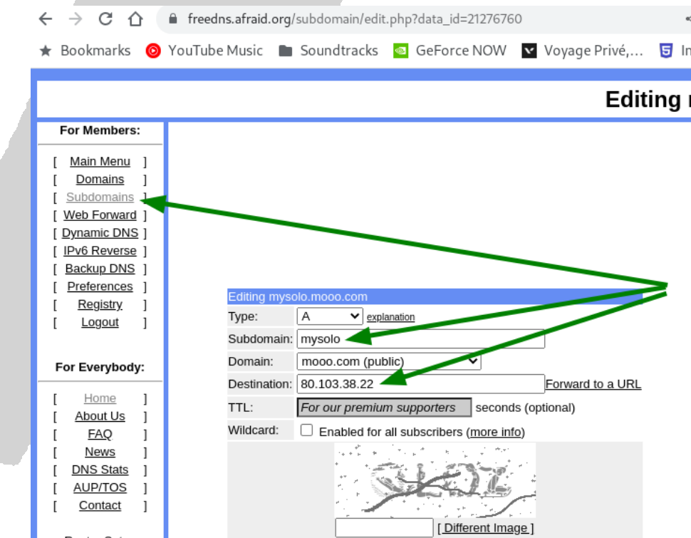 FreeDNS Subdomains page, editing mysolo.mooo.com, with subdomain 'mysolo', domain 'mooo.com', and destination 80.103.38.22