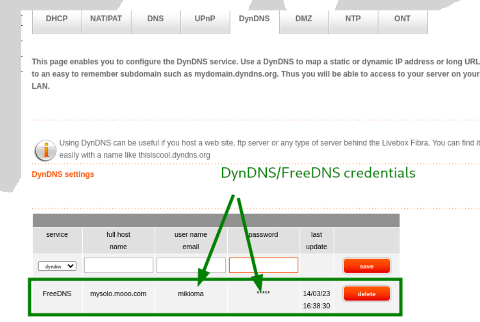 Router DynDNS settings page with FreeDNS service, full host name mysolo.mooo.com, user name and password saved