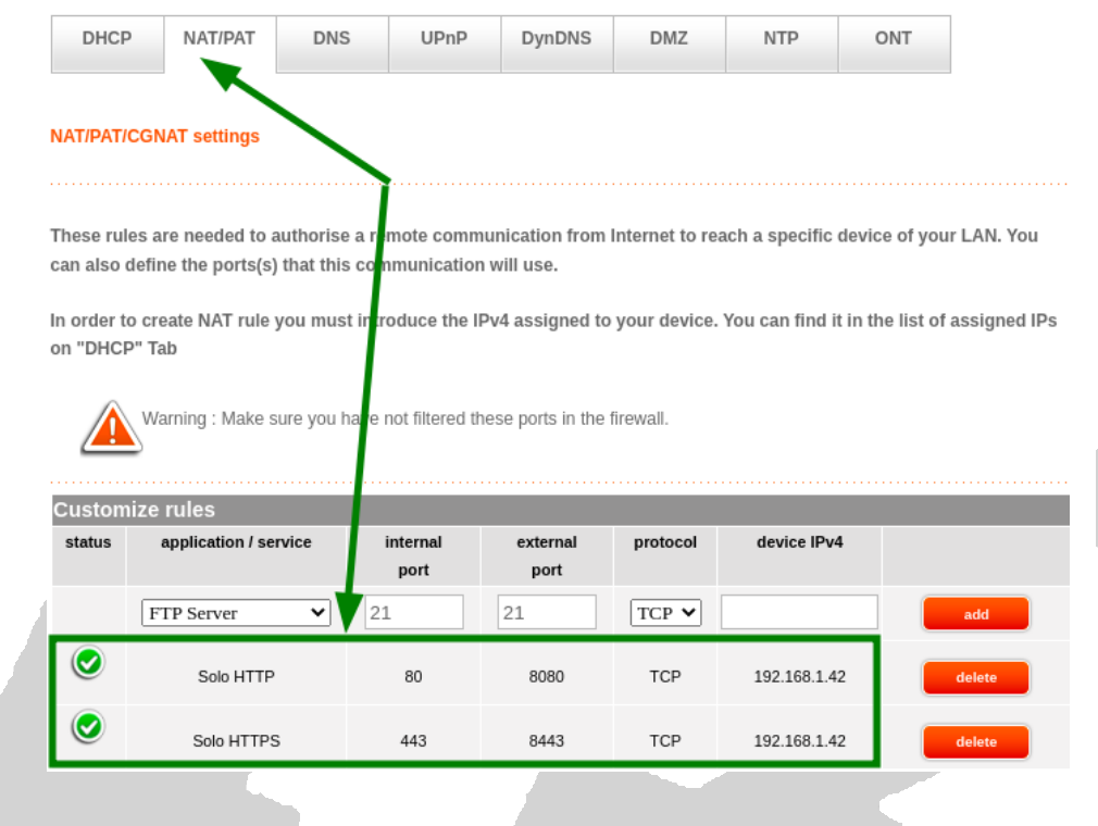 Router NAT/PAT settings with two custom rules: Solo HTTP, internal port 80, external port 8080, TCP, device IPv4 192.168.1.42; and Solo HTTPS, internal port 443, external port 8443