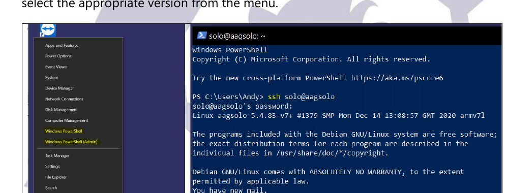 Windows PowerShell menu and an SSH login session to solo@aagsolo