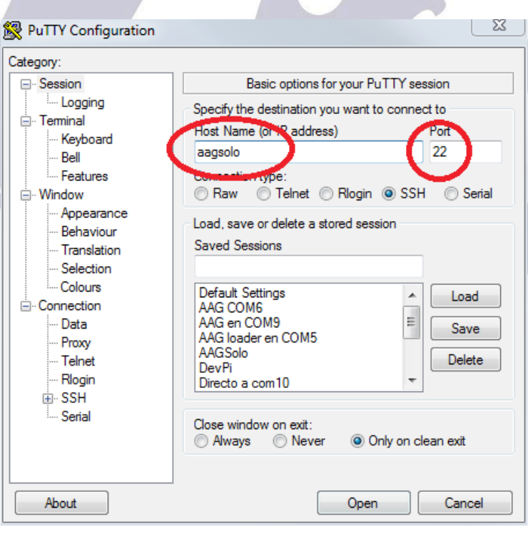 PuTTY Configuration window with Host Name set to aagsolo, port 22, SSH selected