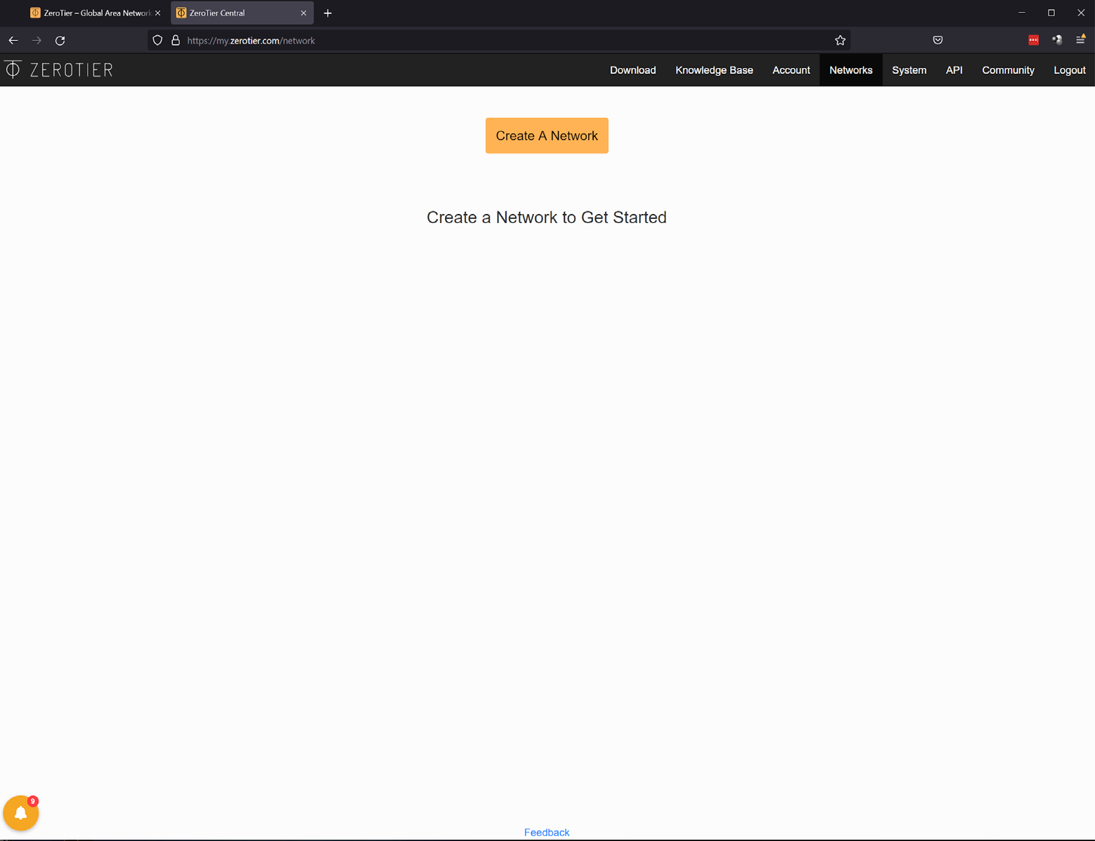 ZeroTier Networks page with a Create A Network button and no networks yet