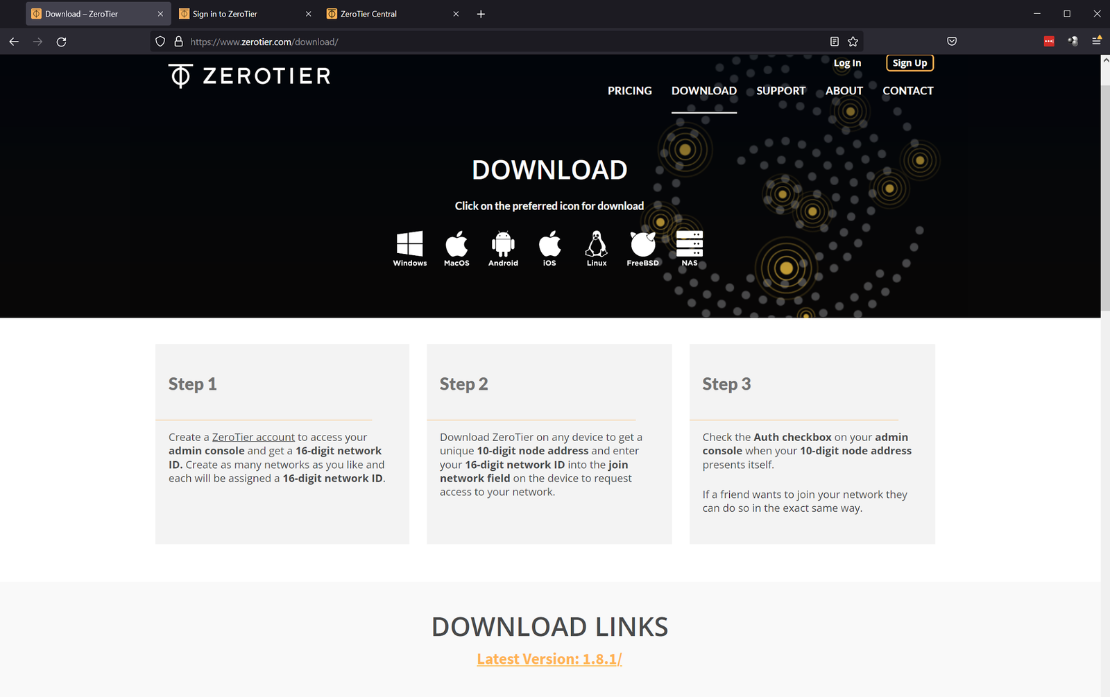 ZeroTier download page with icons for Windows, MacOS, Android, iOS, Linux, FreeBSD and NAS, and 3 steps: create account, download and join, authorise