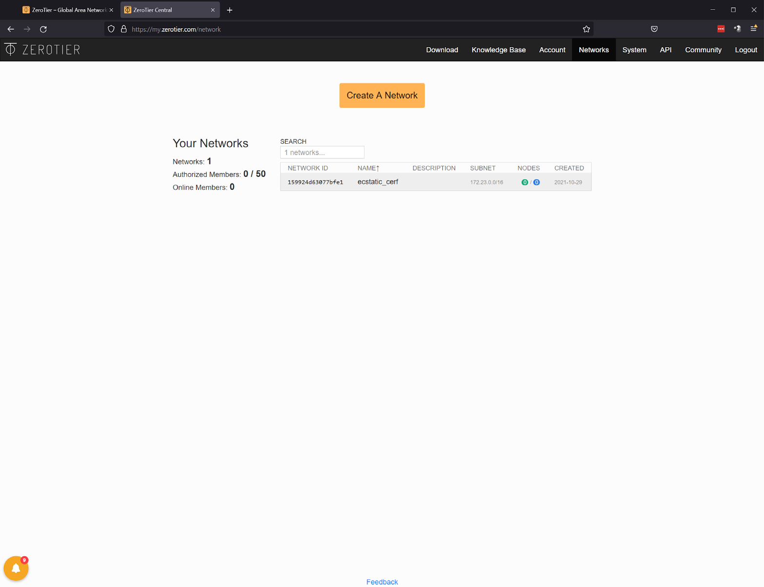 Your Networks page showing one network created, named ecstatic_cerf, 0 of 50 authorized members