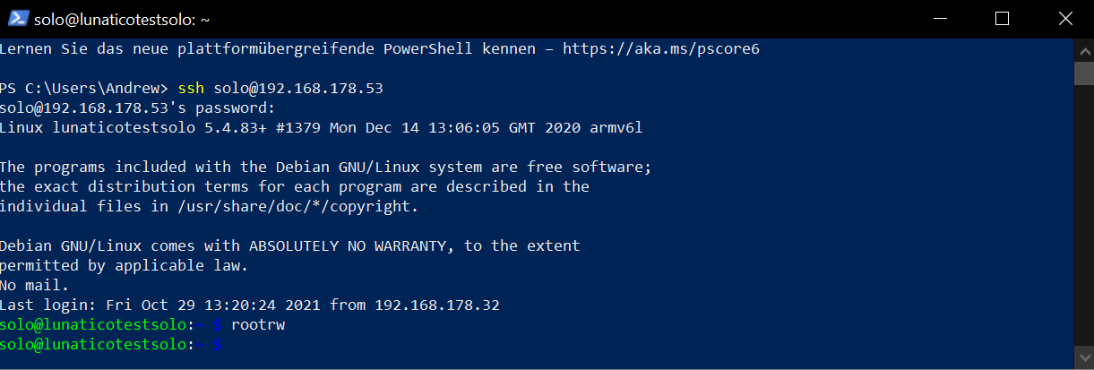 Terminal showing the rootrw command executed
