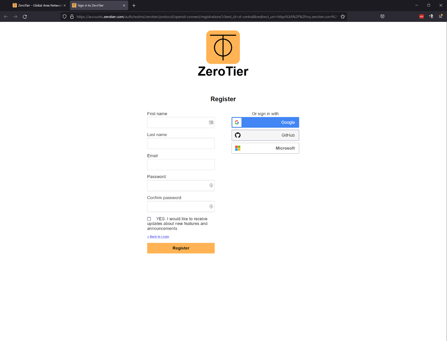 ZeroTier registration form with first name, last name, email, password fields, and sign-in options for Google, GitHub and Microsoft