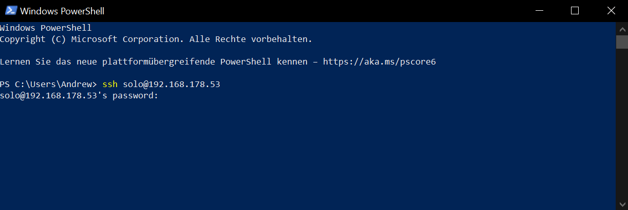 PowerShell showing ssh solo@192.168.178.53, prompting for a password