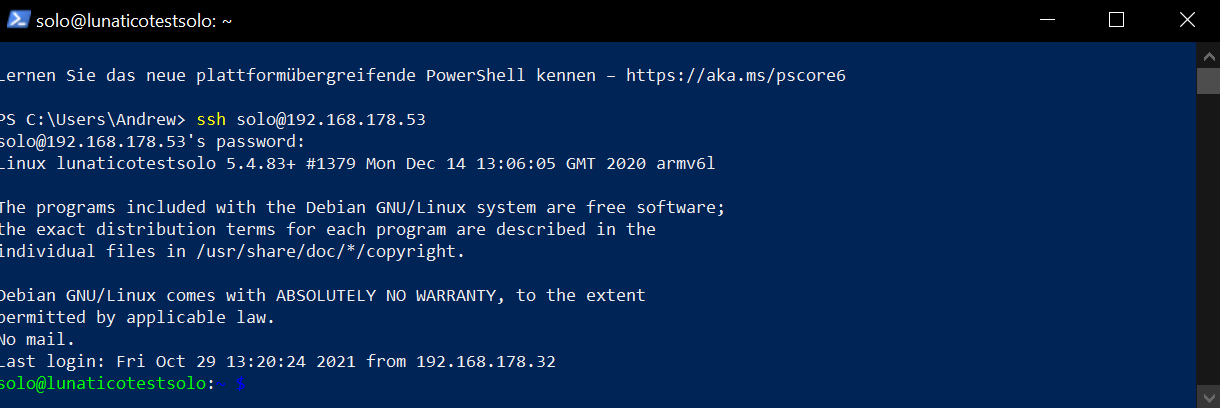 Successful SSH login to the Solo, showing the Debian GNU/Linux welcome message