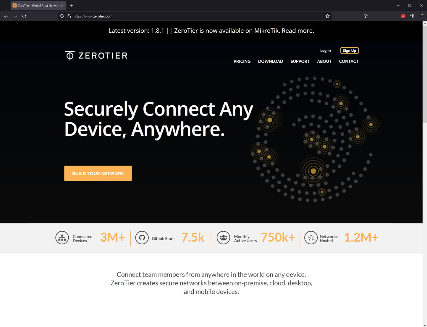 ZeroTier homepage: Securely Connect Any Device, Anywhere, with a Build Your Network button