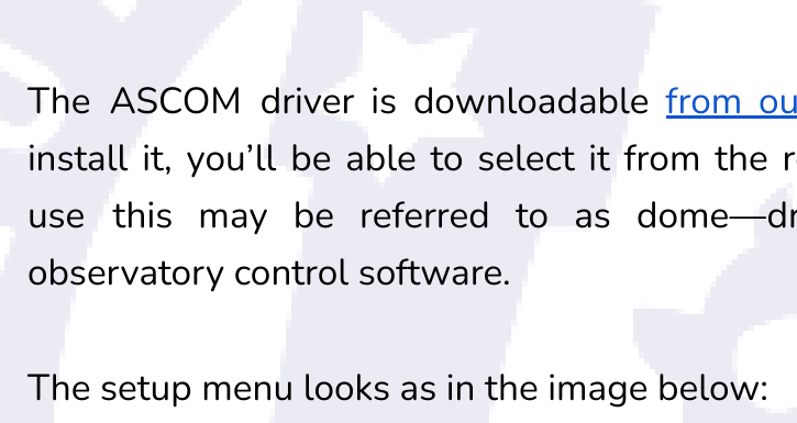 LunaticoRoof Setup window: Client identifier, Connect via USB-Comm Port or Name or IP, Port 10000, plus Open log folder, Trace on, Configuration, Factory reset and Firmware update buttons