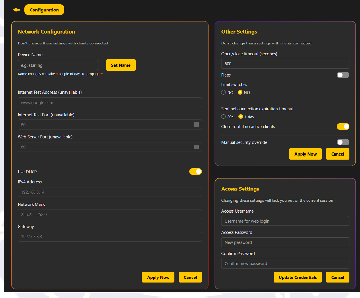 Starling Configuration page: Network Configuration (device name, internet test, DHCP, IPv4, mask, gateway), Other Settings (open/close timeout, flaps, limit switches, sentinel connection expiration, close roof if no active clients, manual security override), and Access Settings (username/password)