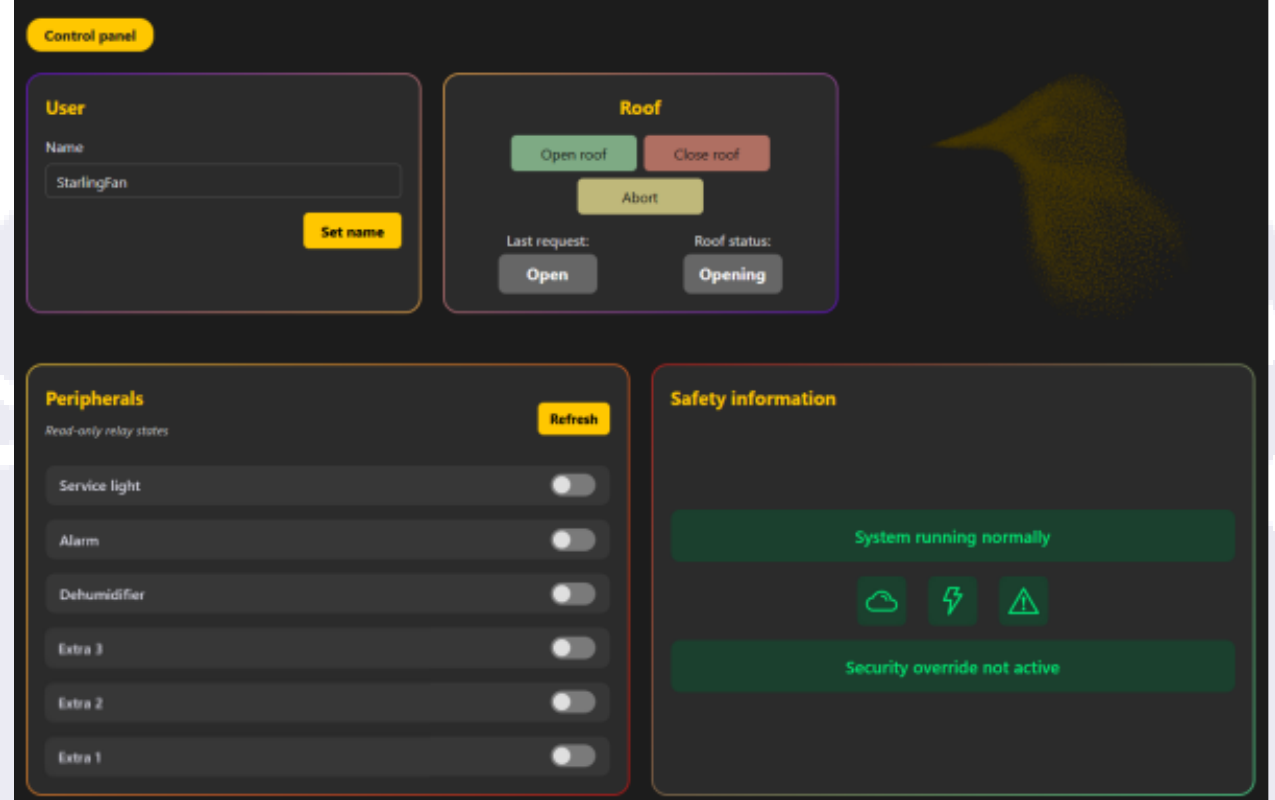 Starling desktop control panel: User box, Roof box with Open/Close/Abort and last request/roof status, Peripherals box with relay toggles, and Safety information box with system status and security override