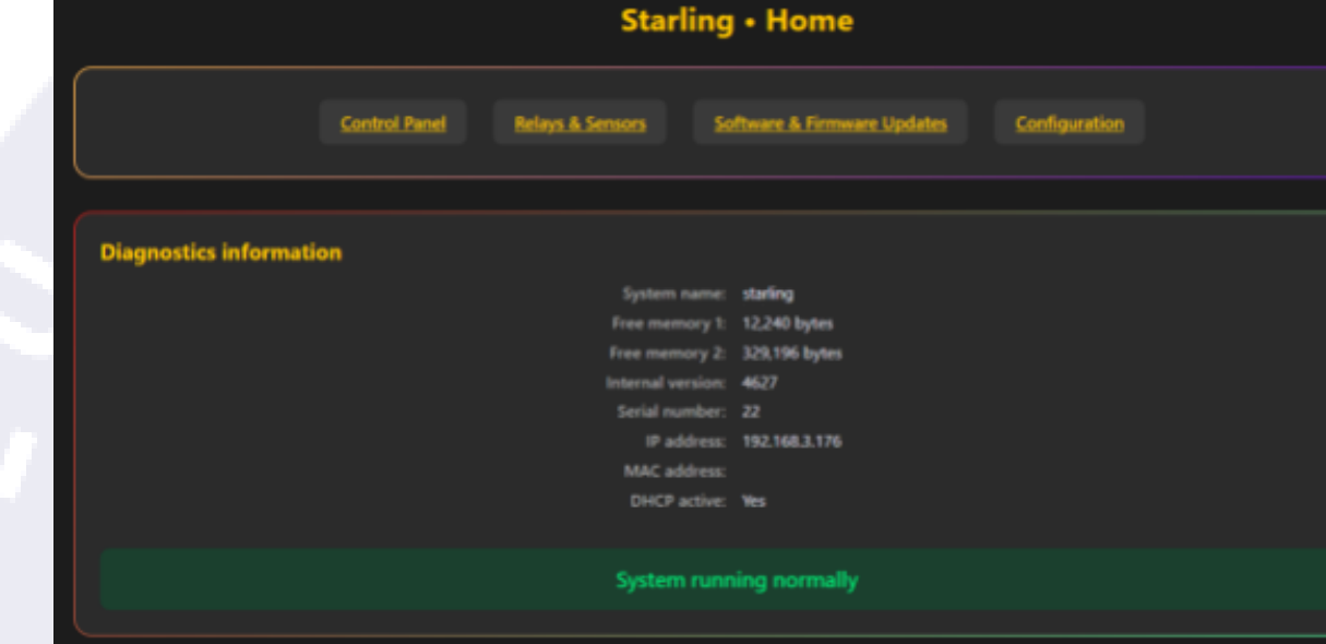 Starling Home page with buttons for Control Panel, Relays & Sensors, Software & Firmware Updates, Configuration, and a Diagnostics information box showing system name, free memory, internal version, serial number, IP and MAC address, DHCP status