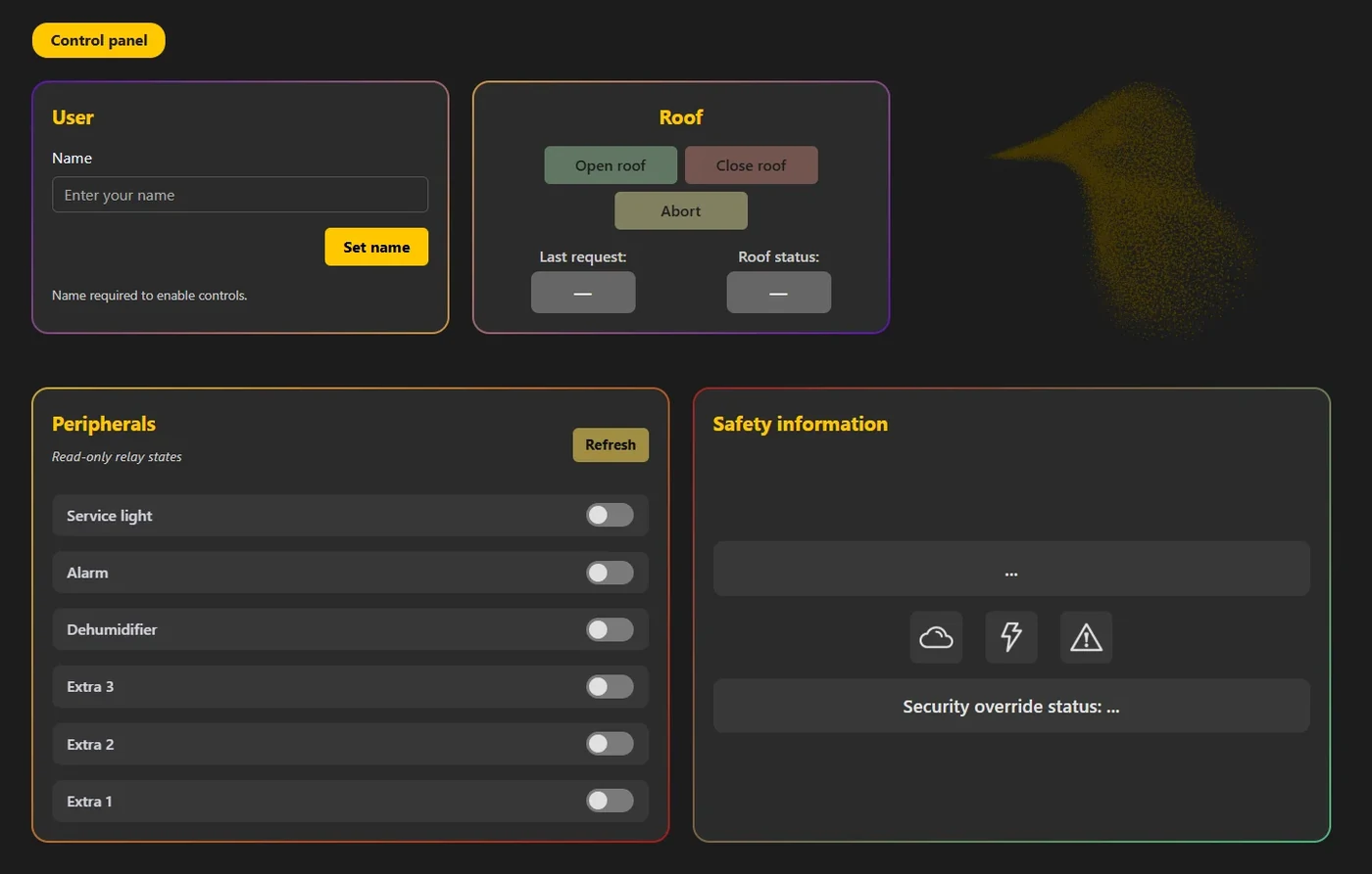 Starling client control panel before a name is entered—the User box asks for a name and the roof and peripheral readings are still empty