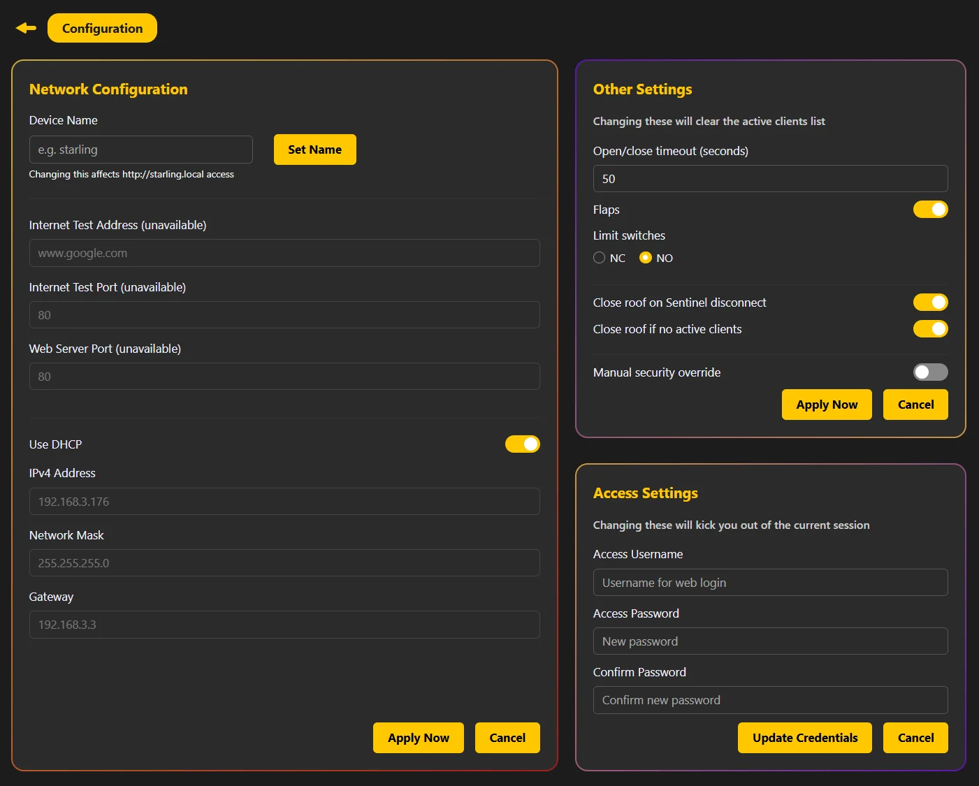 Starling Sentinel configuration — network settings, open/close timeout, flaps, limit switches and access credentials