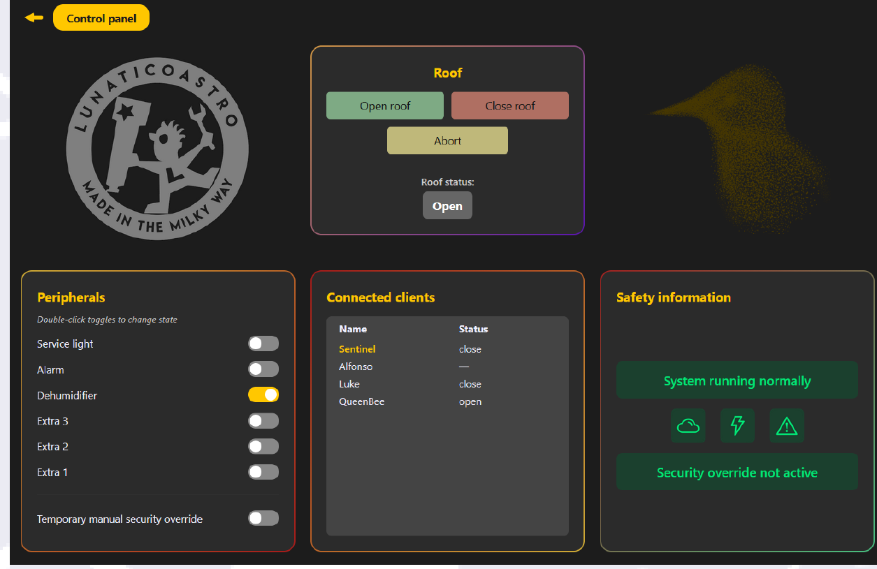Starling Control panel: Roof box with Open/Close/Abort and roof status, Peripherals with relay toggles and a Temporary manual security override toggle, Connected clients list with name and status, and Safety information box