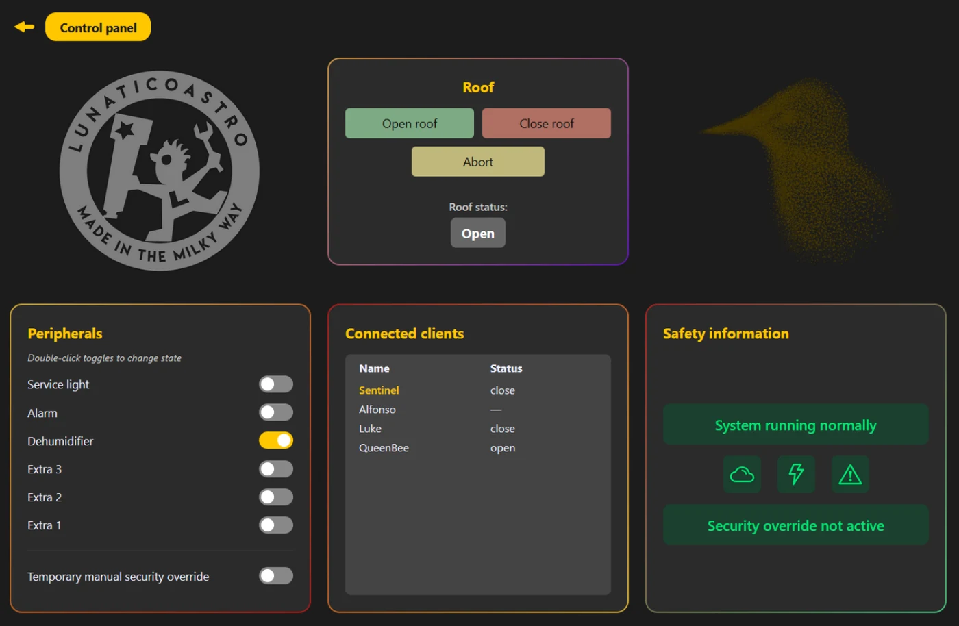 Starling Sentinel control panel—Roof open, close and abort with roof status, Peripherals toggles, a list of connected clients and Safety information