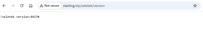 A browser showing the address starling/slp/seletek/version and the plain-text response !seletek version:4627#