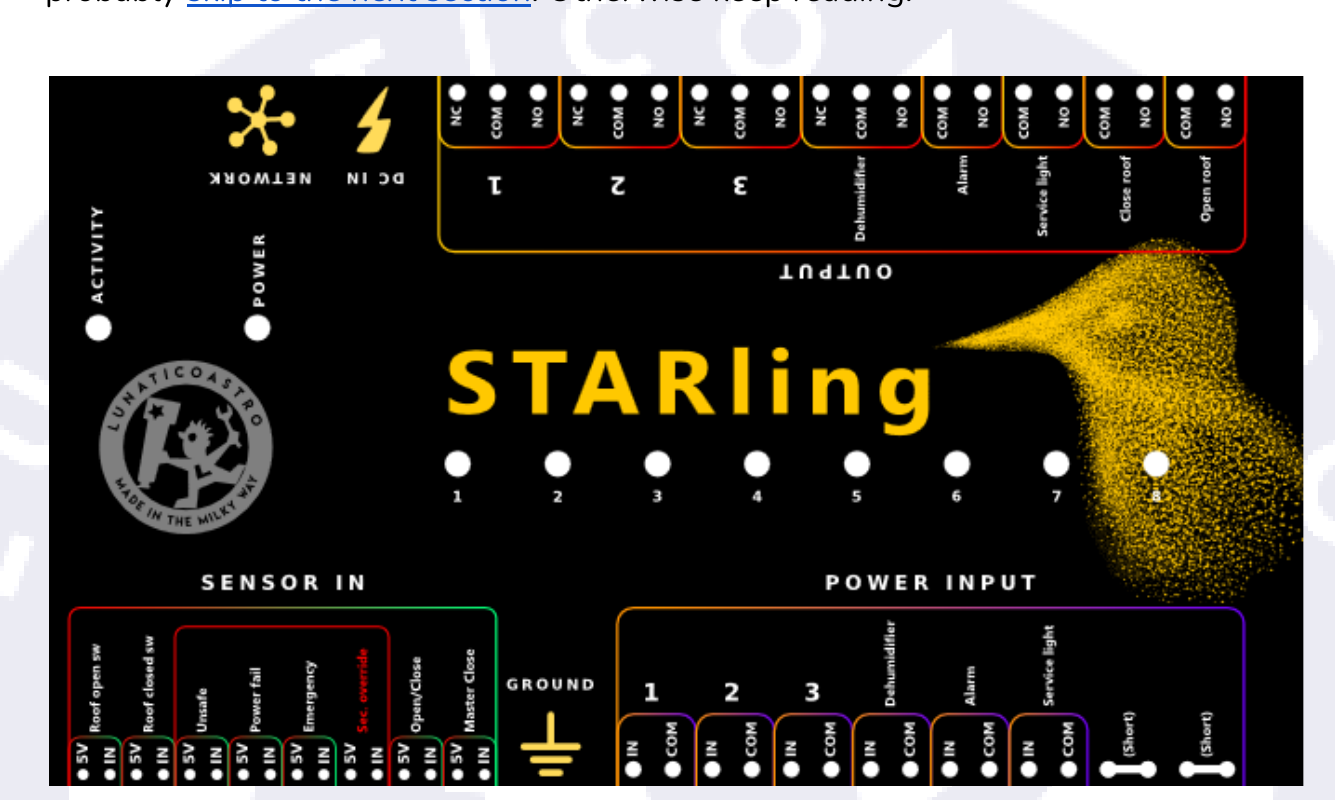 Starling unit top sticker, showing Network/DC IN, the OUTPUT row (relays 1-3, Dehumidifier, Alarm, Service light, Close roof, Open roof), the STARling logo, and the SENSOR IN and POWER INPUT rows