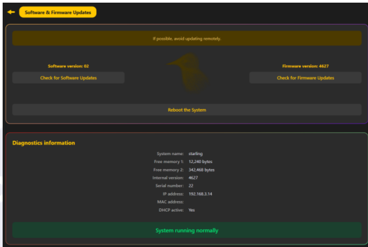 Starling Software & Firmware Updates page, with software and firmware version numbers, Check for Software Updates and Check for Firmware Updates buttons, Reboot the System button, and the diagnostics information box