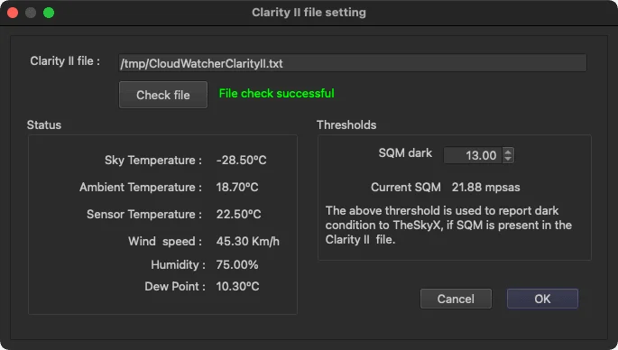 TheSkyX Pro — Clarity II Plus / CloudWatcher plugin settings