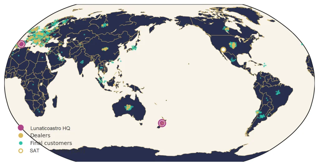 World map centred on New Zealand showing Lunaticoastro’s international presence, with customers, dealers and headquarters