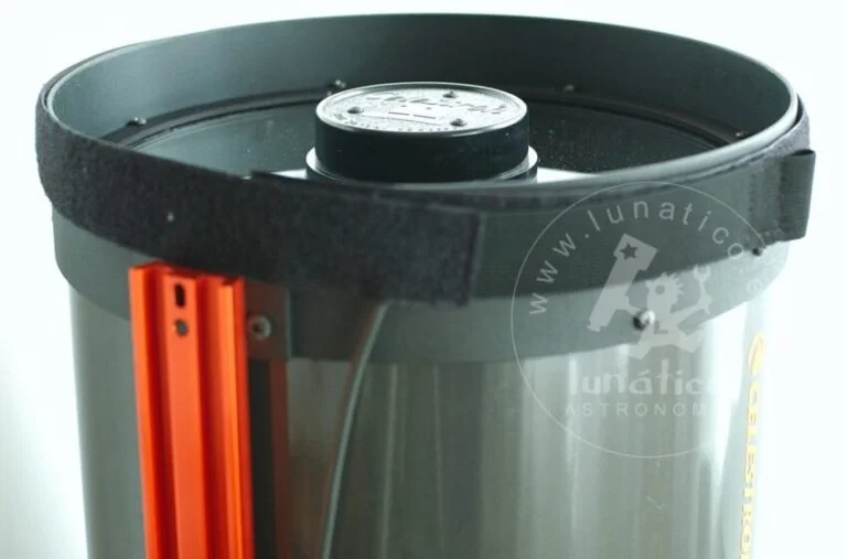 A ZeroDew heater band fitted around a Celestron C11 telescope's corrector plate