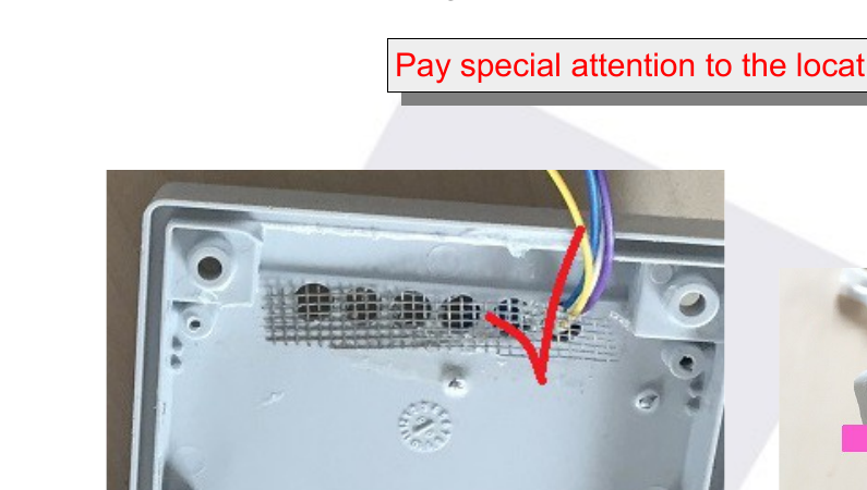 The correct ventilation hole marked with a checkmark and the wrong one with a cross; the sensor cable being inserted through the correct hole