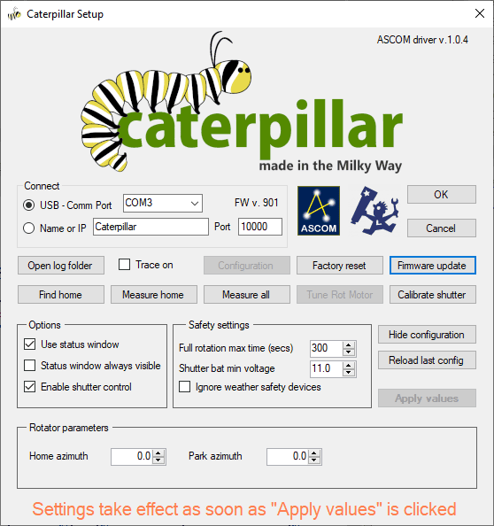 Caterpillar ASCOM driver setup window