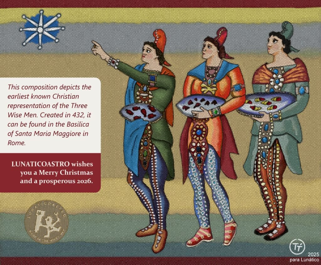 English Christmas greetings from Lunaticoastro 2025 with illustrated astronomers and telescope