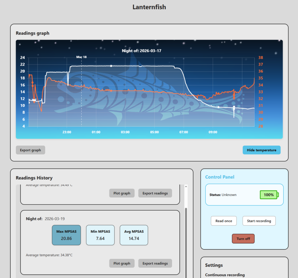 Lanternfish sky quality meter web interface readings graph