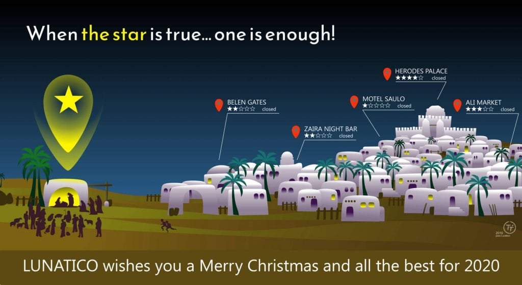 Lunático Astro festive greeting 2020 with bright stars.