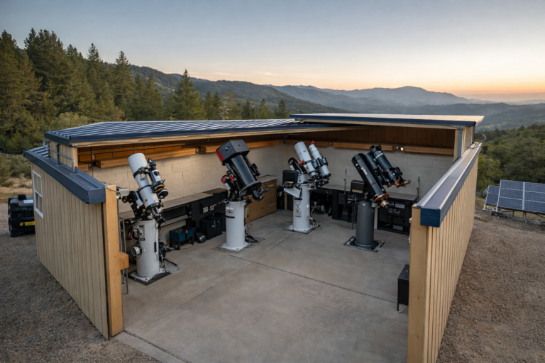 Roll-off roof observatory with the roof open and several telescopes installed